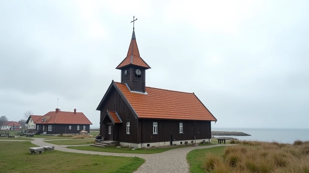 Piejūras baznīca ar vēsturisku celtniecības stilu un jūras skata