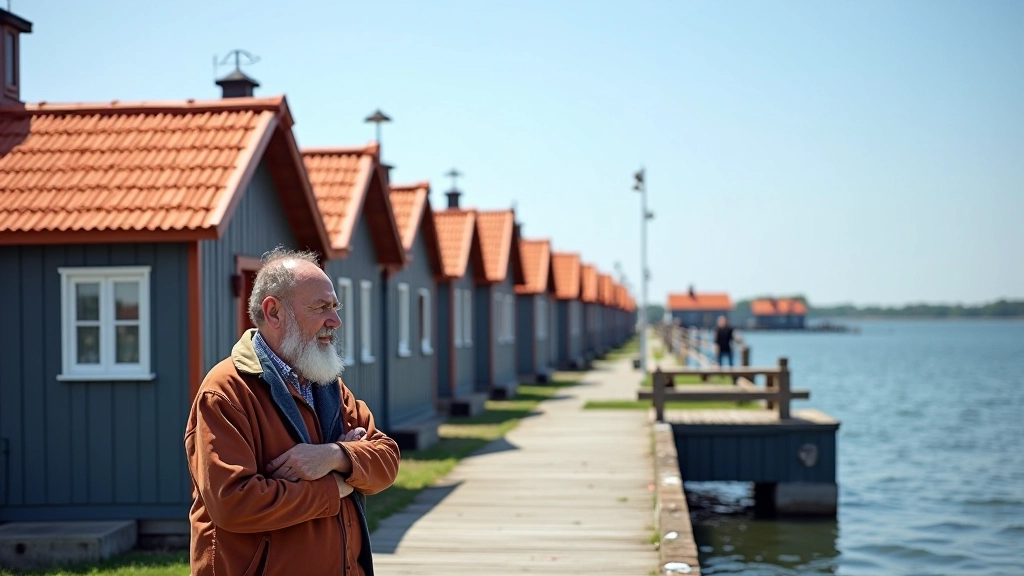 Tradicionālie zivju būdi Skultes ostā ar oranžiem jumtiem, jūras fons