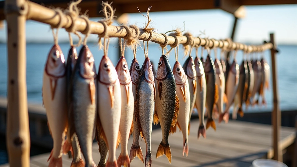 Tradicionāls koka žāvēšanas karkass ar desmit zivīm suspendētām saulainā dienā